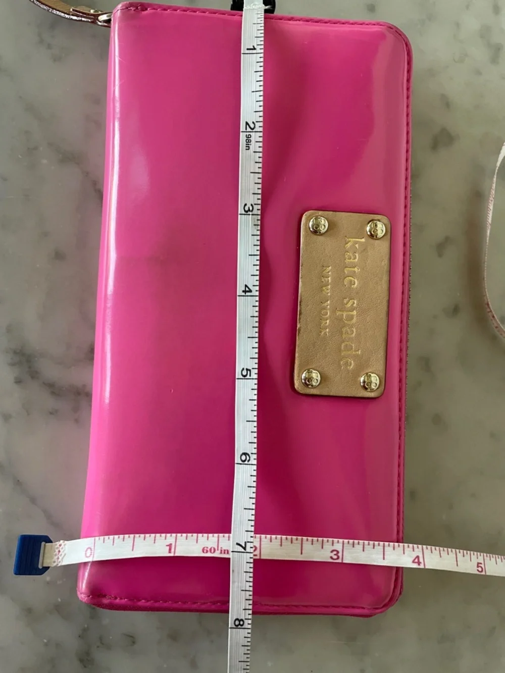 KATE SPADE Spencer Hot Pink Patent Zip-Around Wallet Newspaper Print Lining